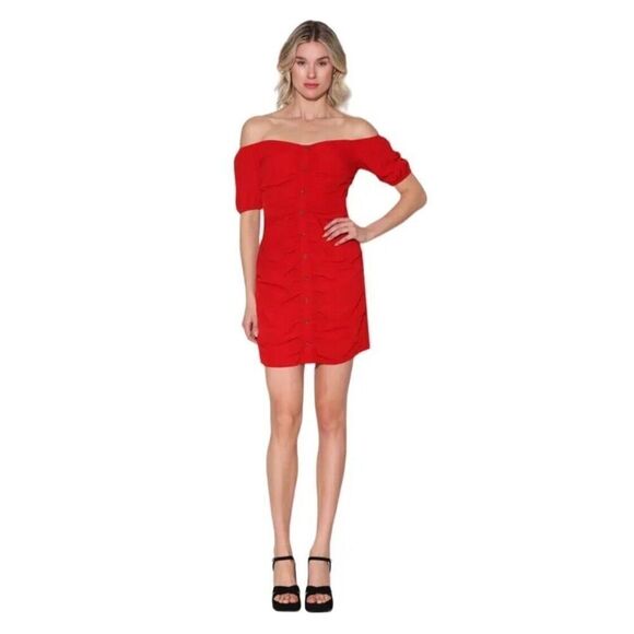Walter Baker Odette Ruched Crepe Off Shoulder Mini Dress Designer Red NWT US 4 - Picture 1 of 13